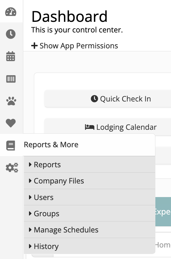 Dashboard with menu options displayed
