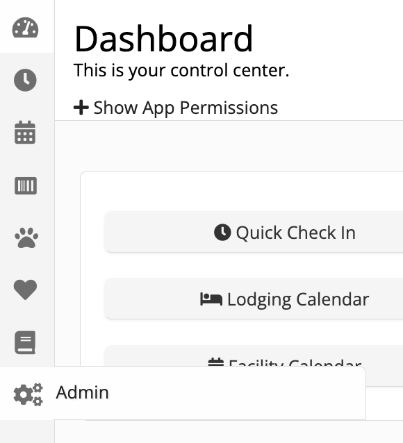 Dashboard with app permissions and admin menu.