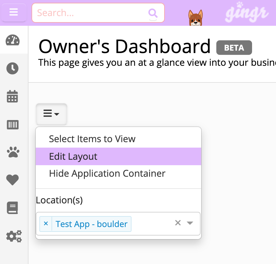 Dashboard menu with layout options