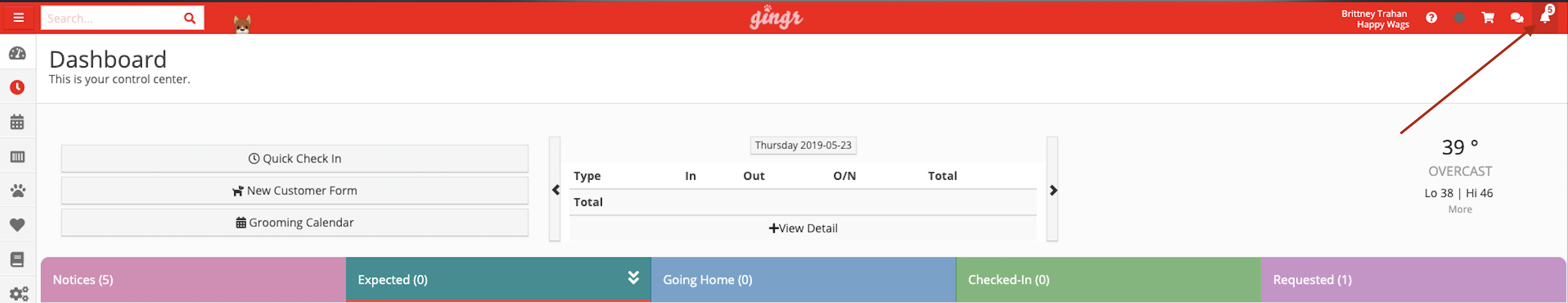 Dashboard interface with weather and notices.