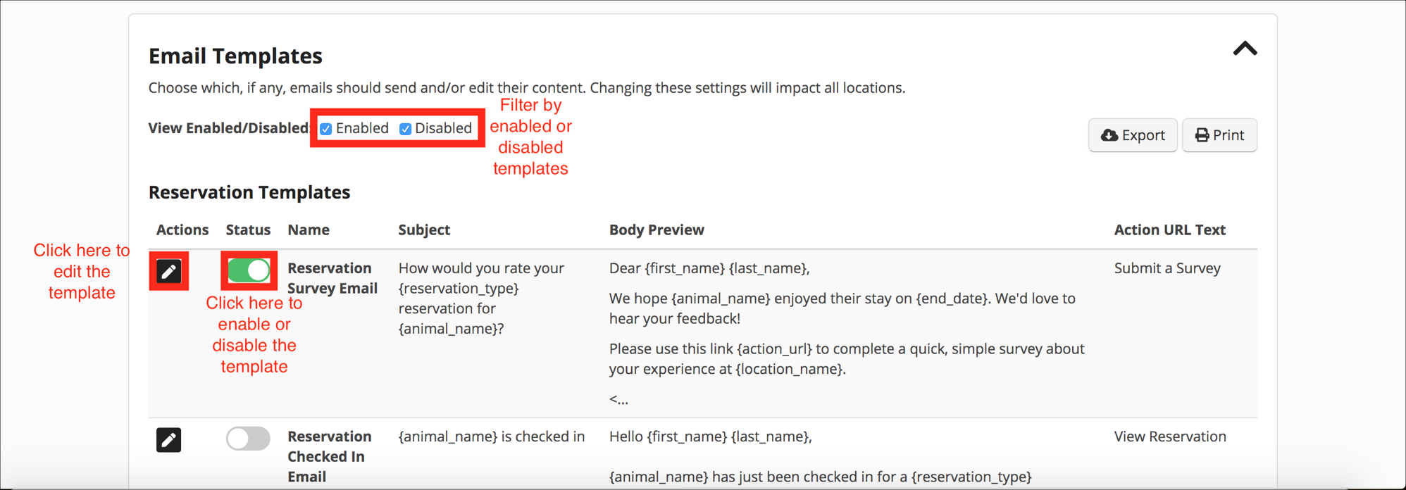 Email template settings interface