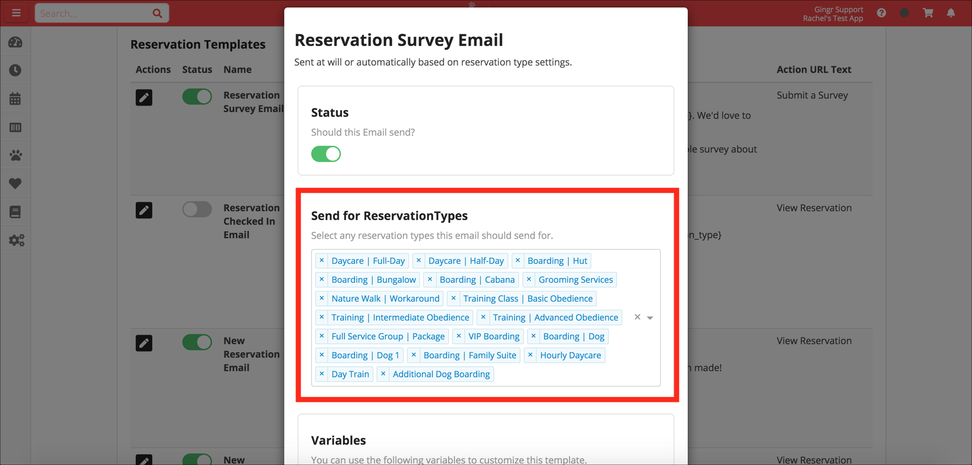 Reservation email settings interface
