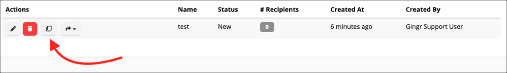 Table with actions and status columns.