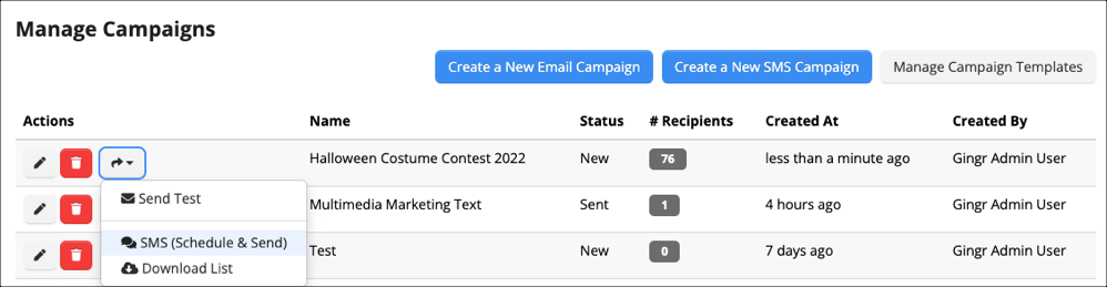 Campaign management interface with actions menu.