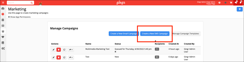 Manage Campaigns dashboard with SMS option.
