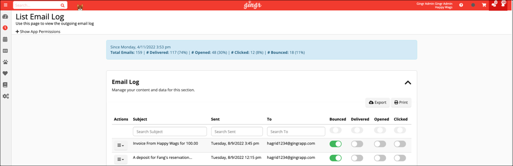 Email log interface with email details.