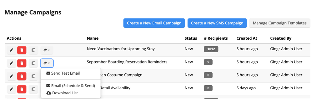 Manage Campaigns dashboard with email options.