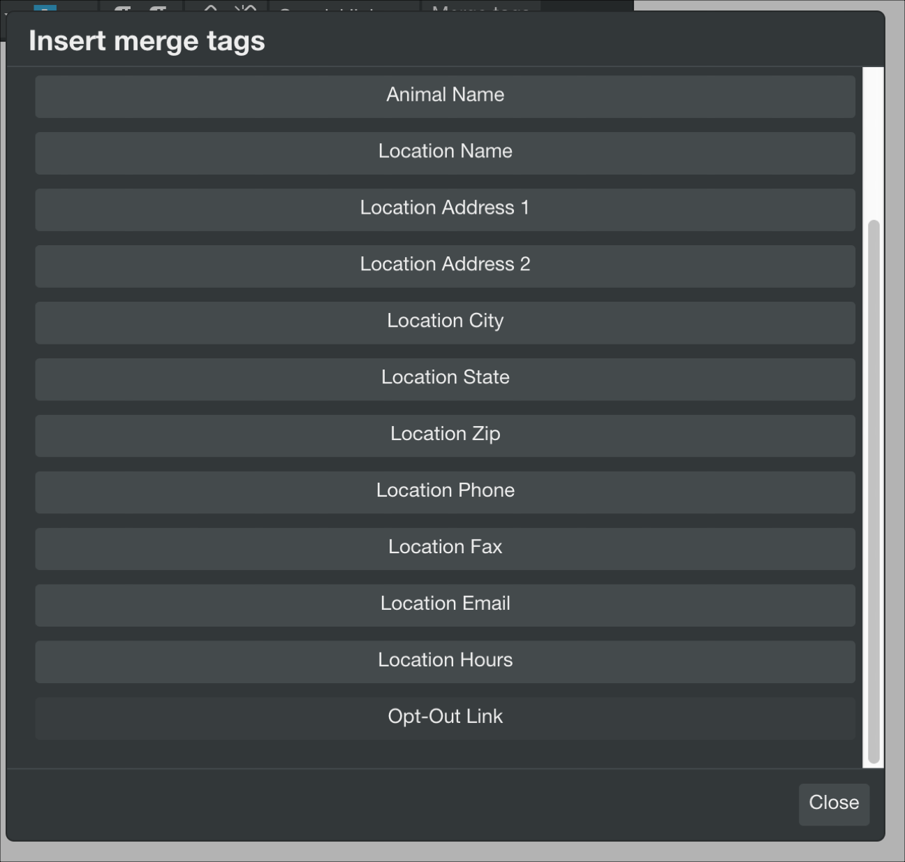 List of merge tags in a dropdown menu.