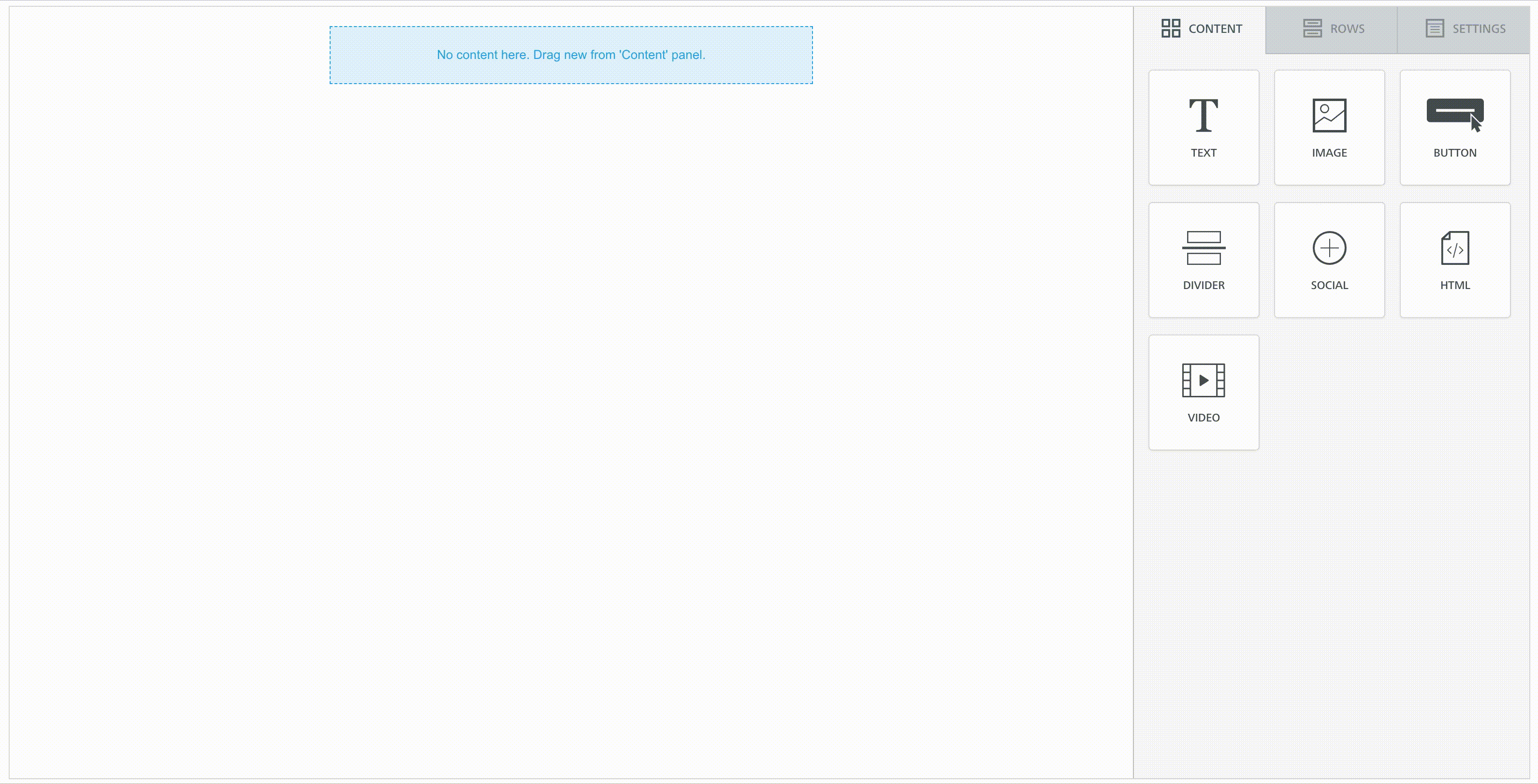 Email editor interface with content options.