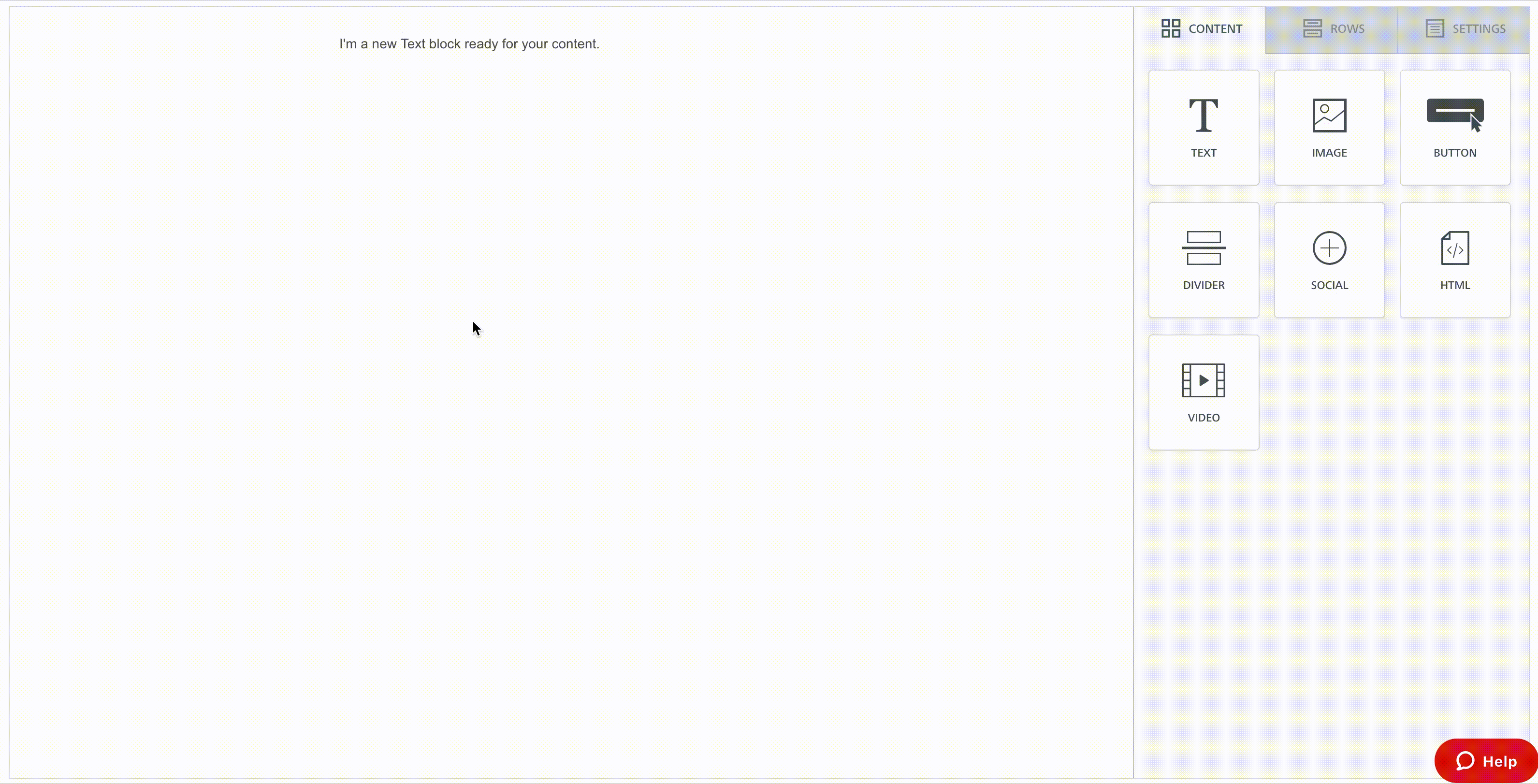 Email editor interface with content options.