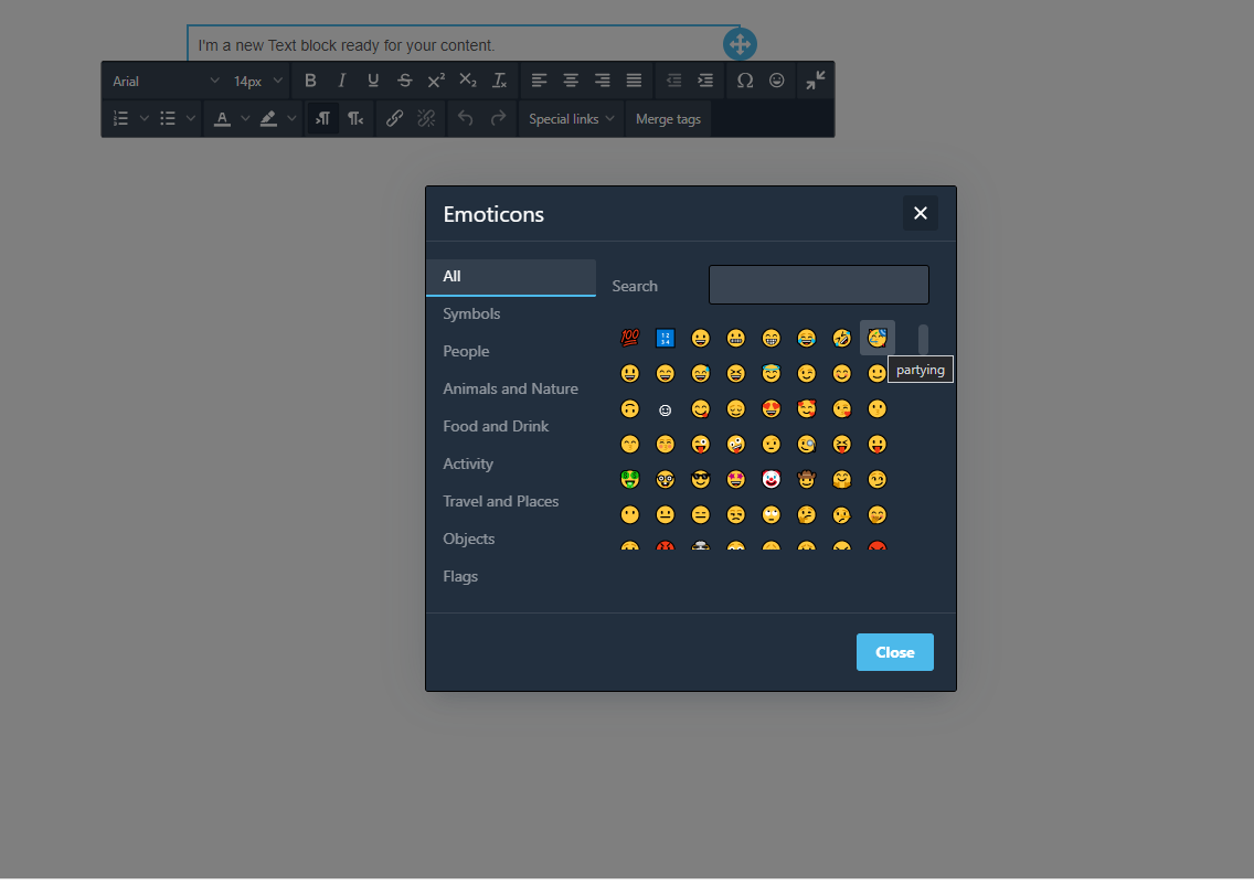 Emoticon selection menu with various emojis.