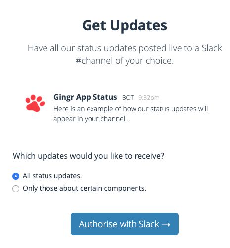 Slack status updates authorization screen