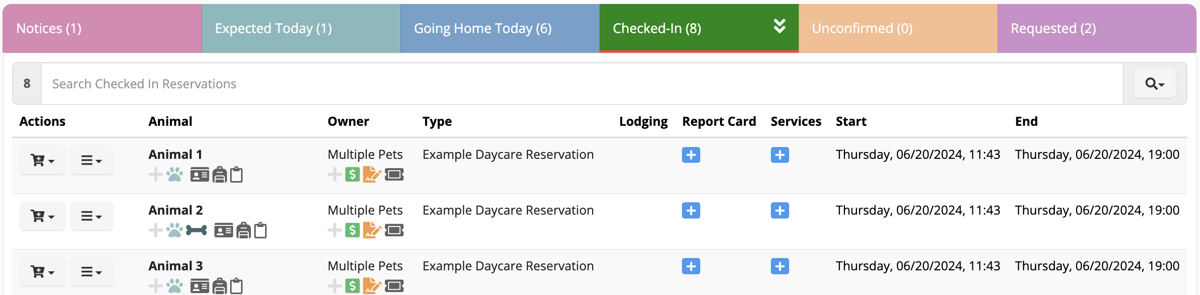 Animal daycare reservation list