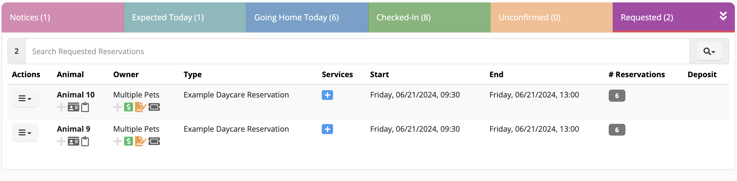 Reservation list for animal daycare services.