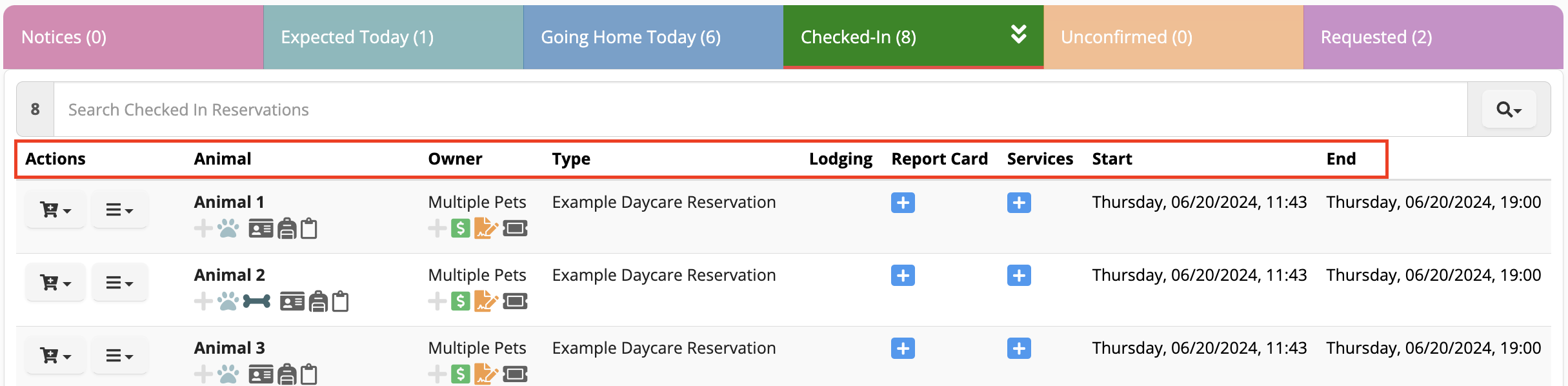 Pet daycare reservation list with details.
