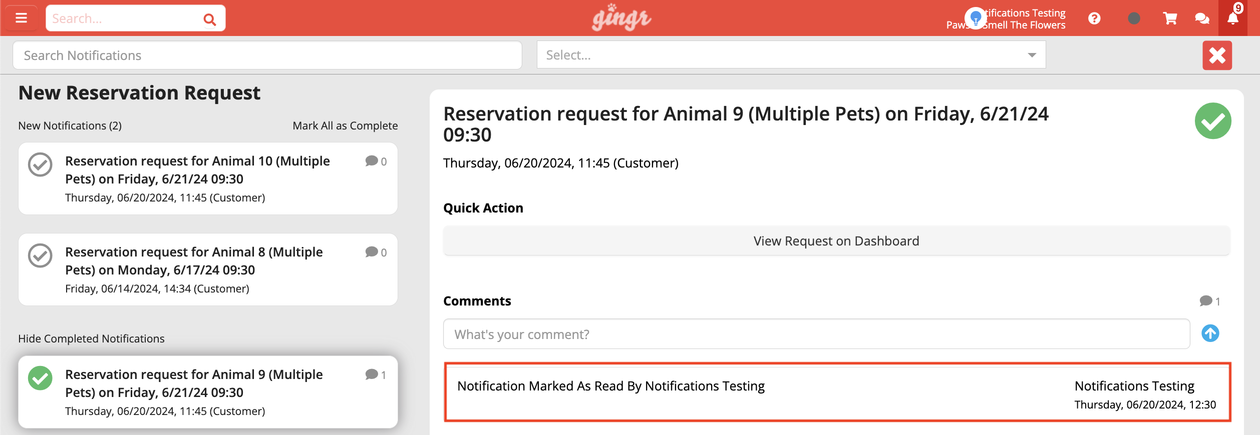 Reservation requests and notifications screen.