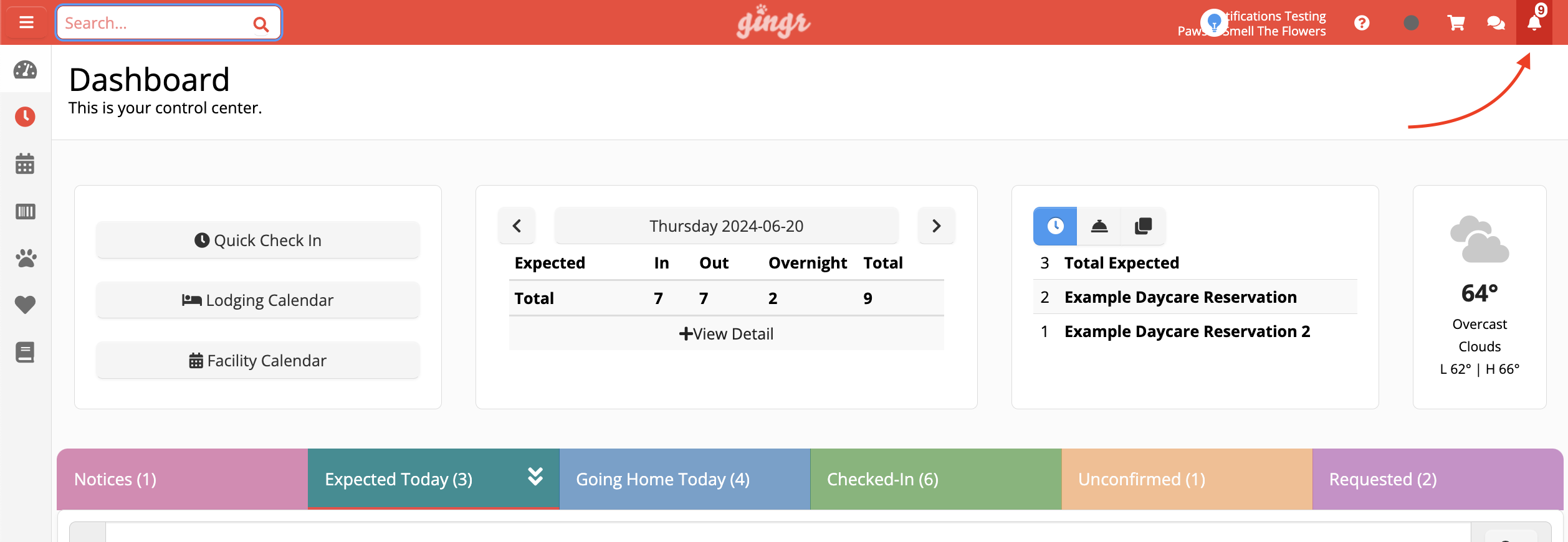 Dashboard with reservation details.