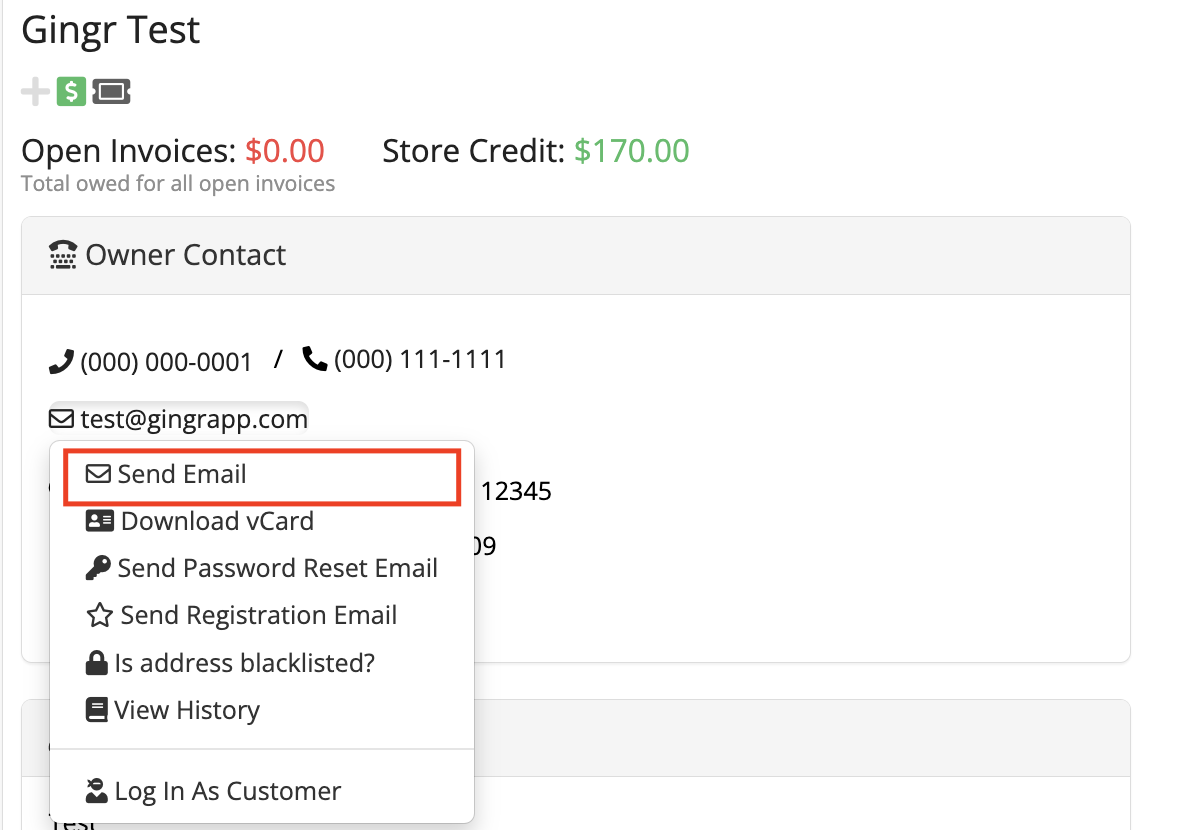 Contact options dropdown menu