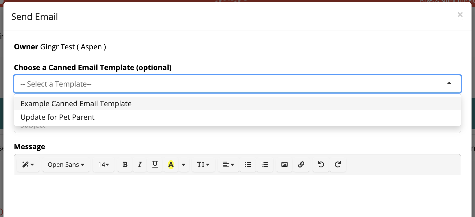 Email template selection dropdown menu.