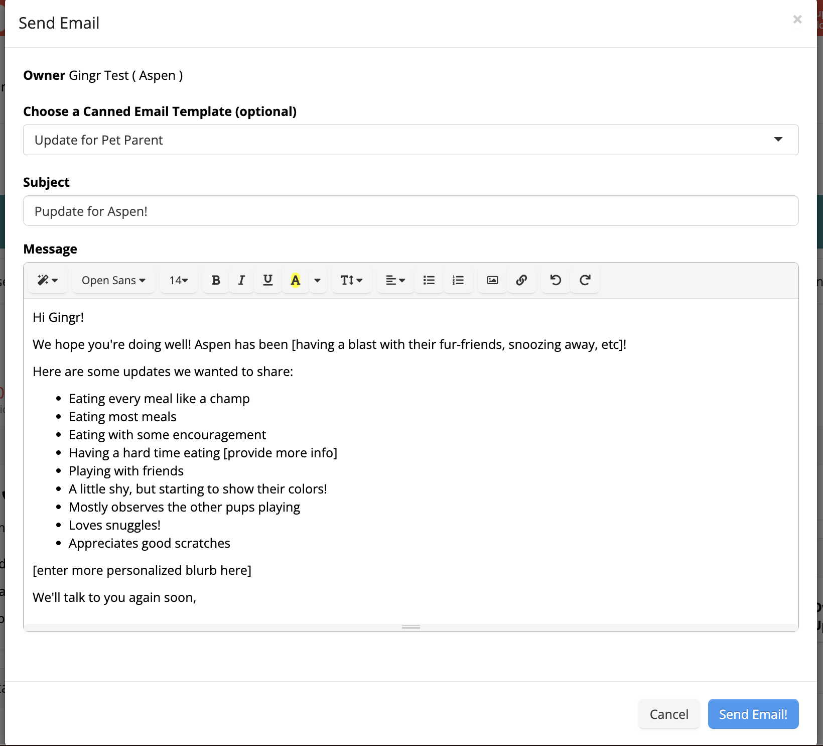 Email draft for pet update to owner.
