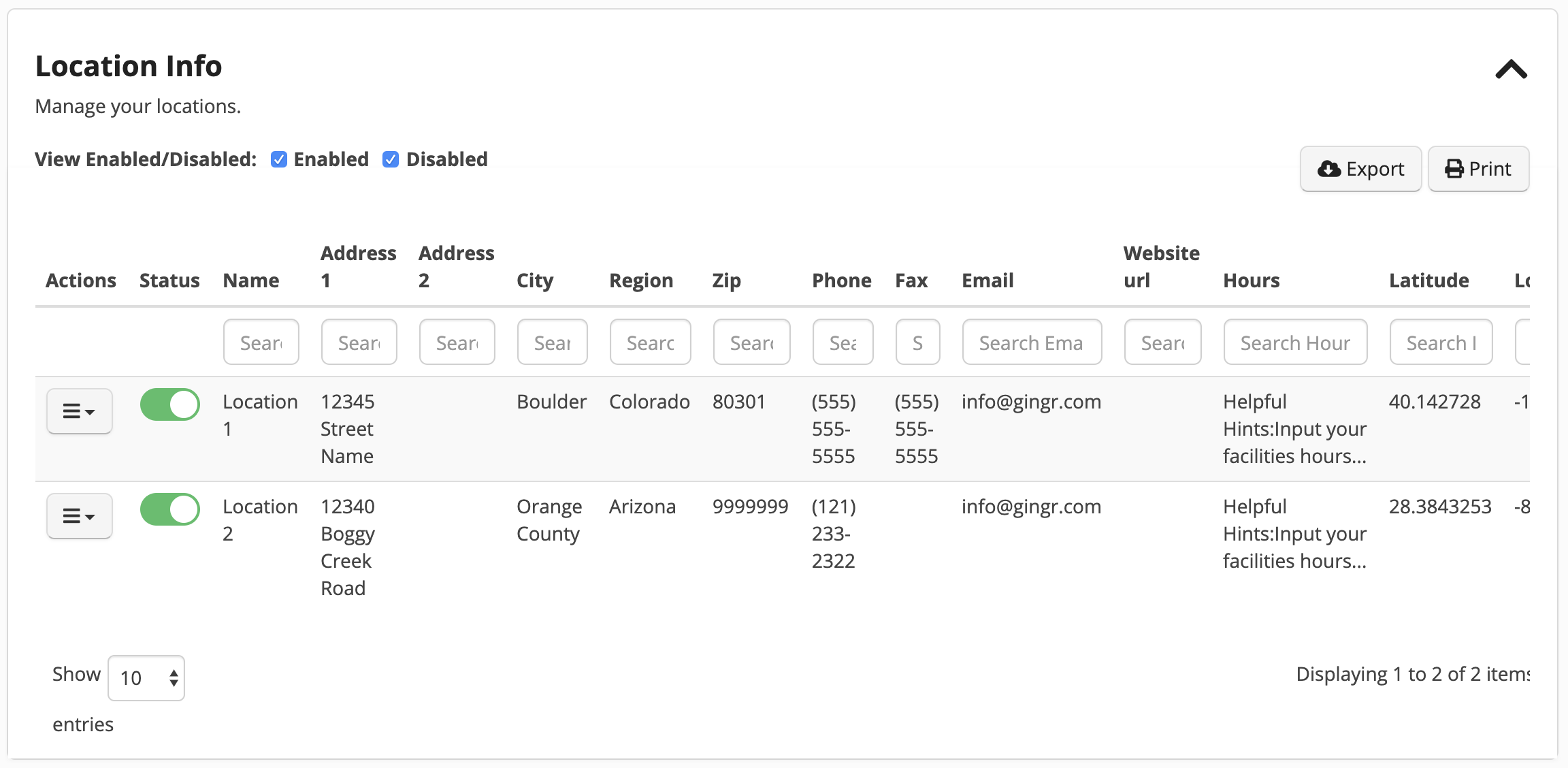 Location info table with addresses and contacts.