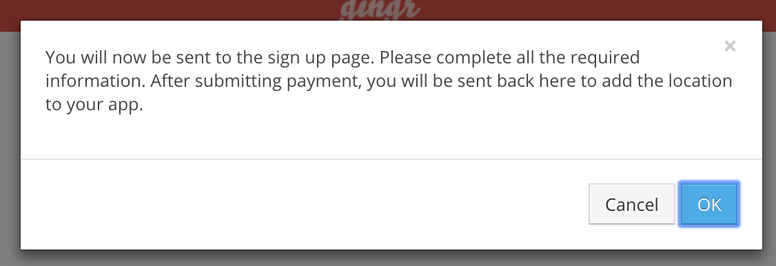 Sign up page prompt with Cancel and OK buttons.