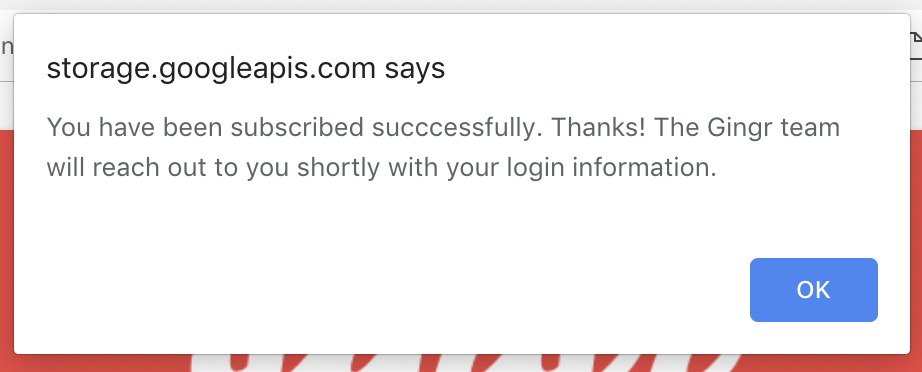 Subscription confirmation message with OK button.