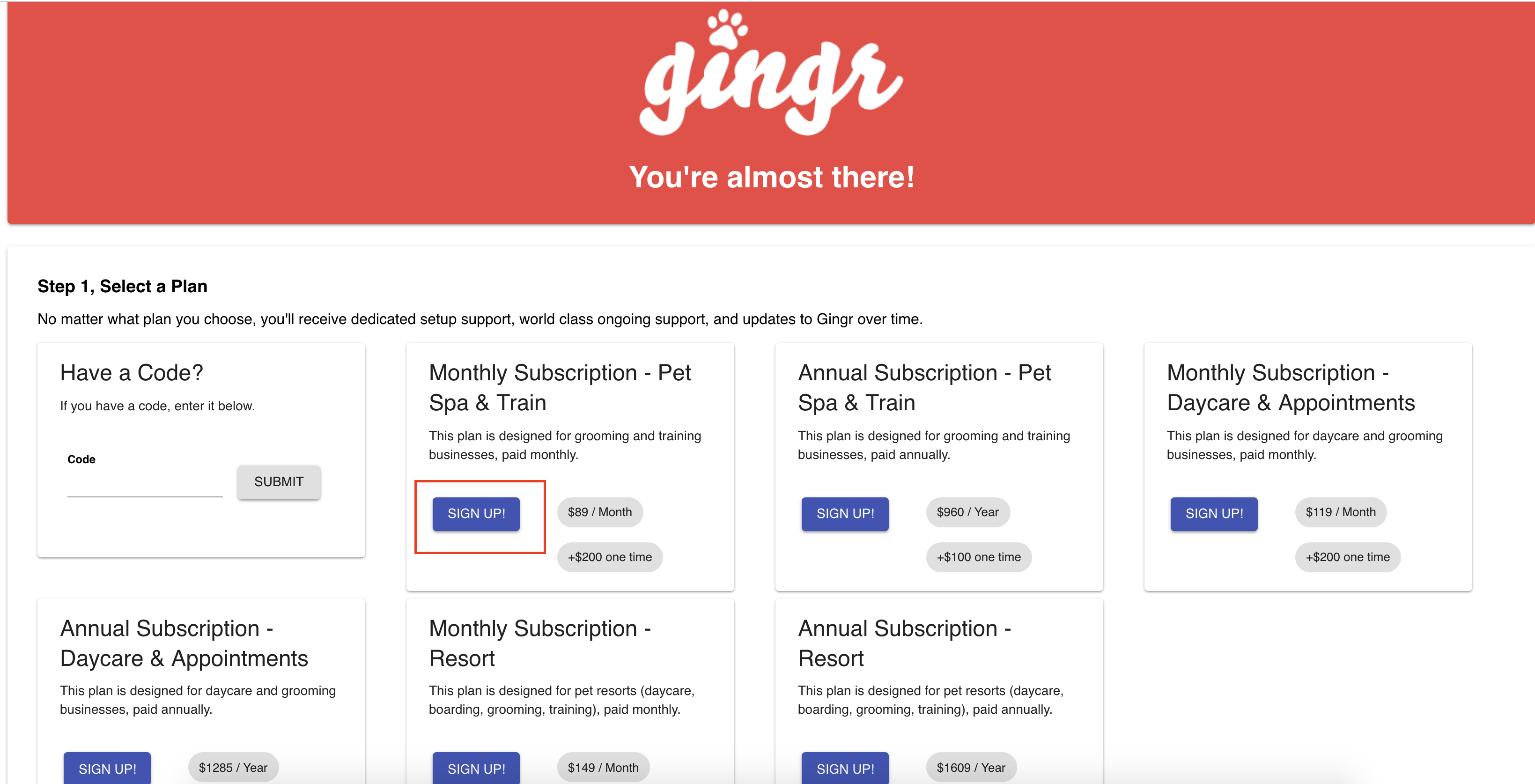 Subscription plan options for Gingr services.