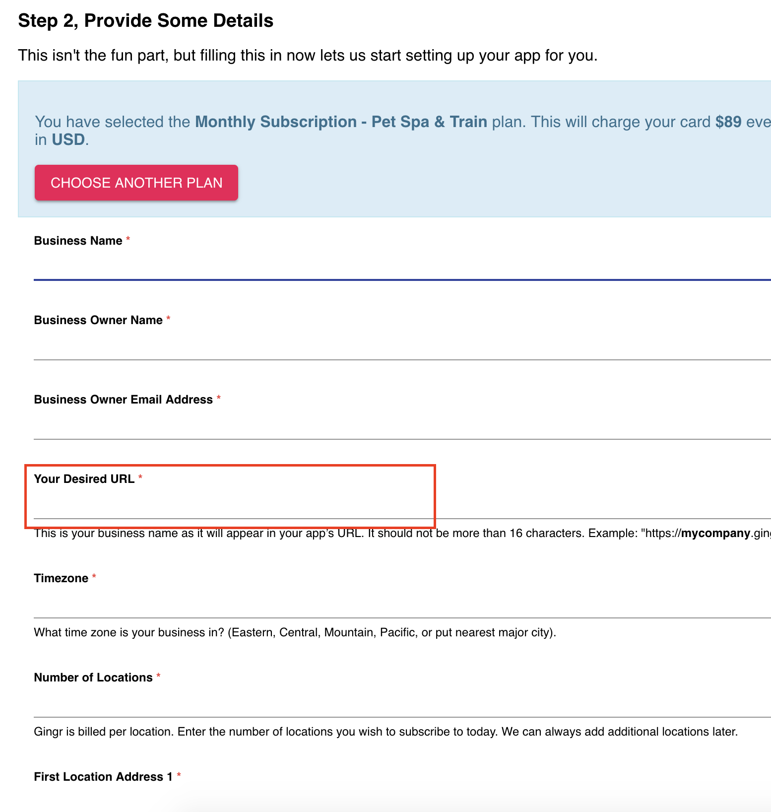 Form for business subscription details