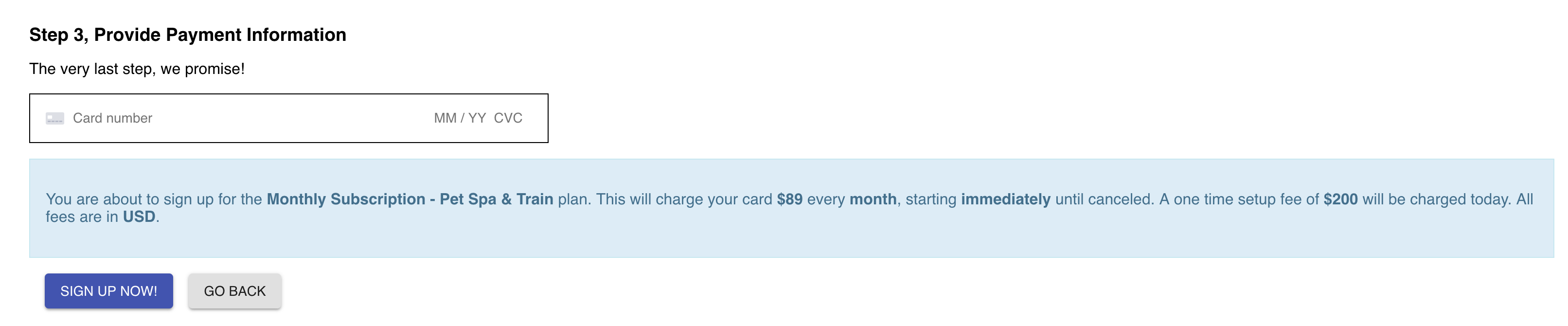 Payment information form for subscription.