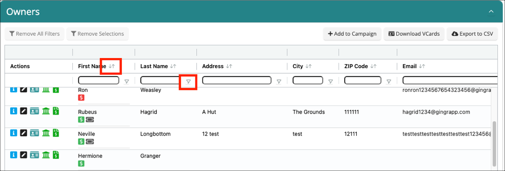 Table of owner details with filter options.