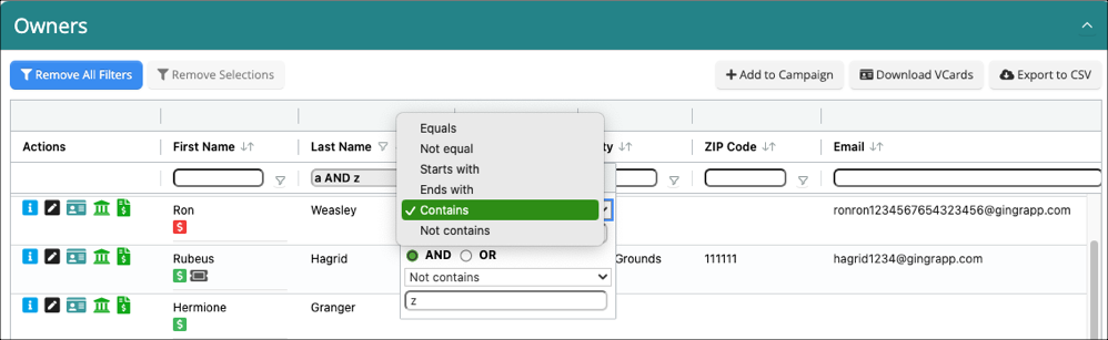 Data table with filter options and owner details.