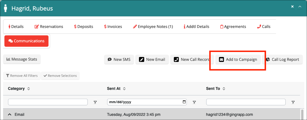 Communications dashboard with campaign button.