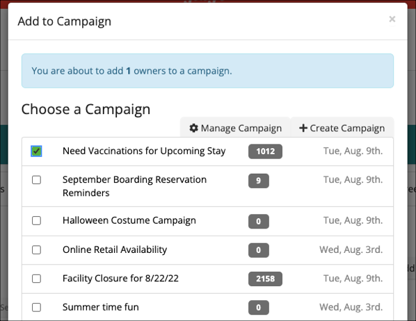 Campaign selection interface with options list.