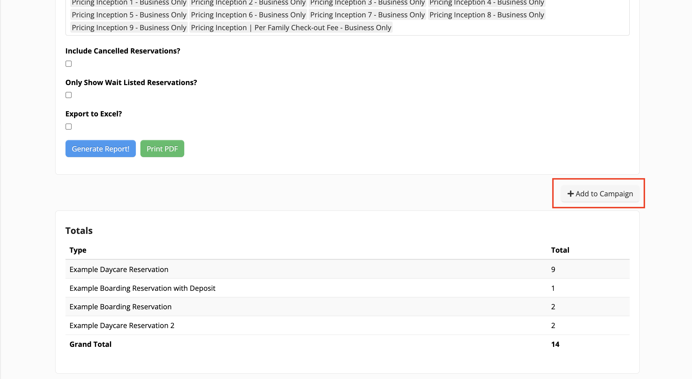 Reservation totals and add to campaign button.