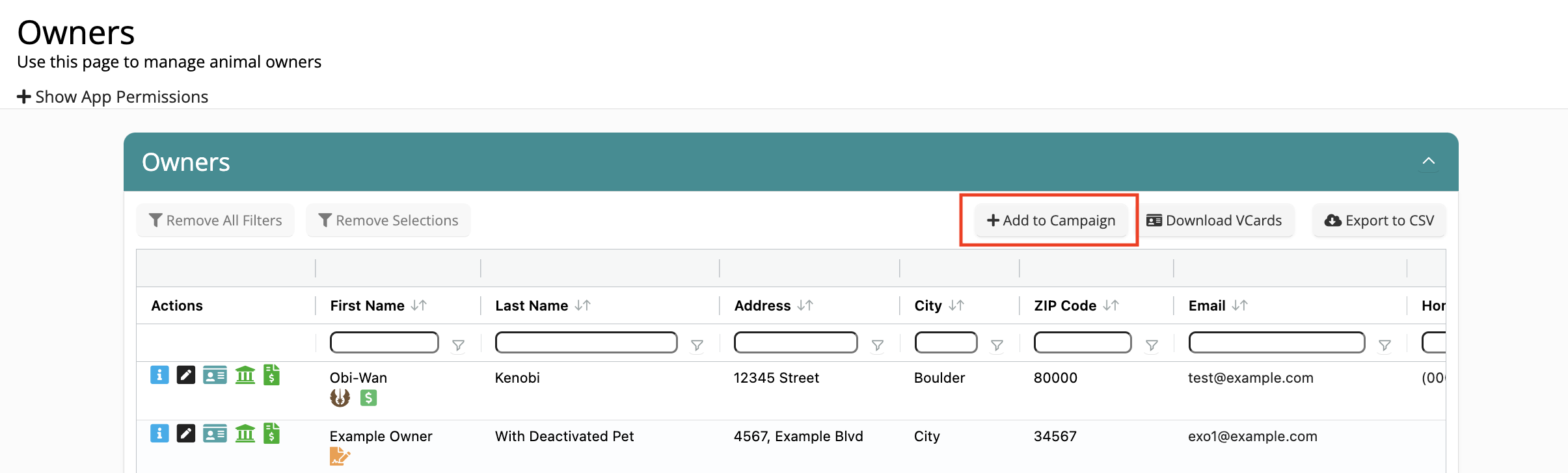 Animal owners management page interface.