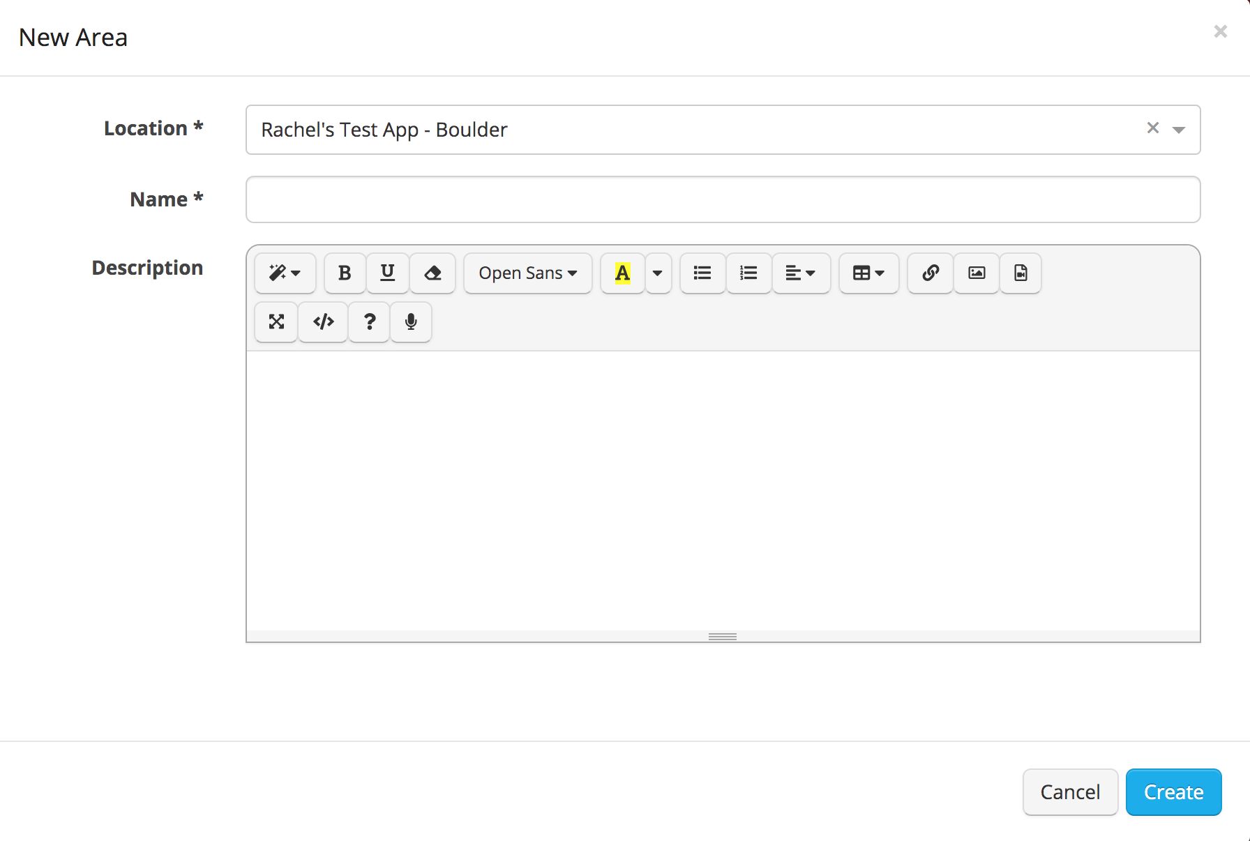 Form for creating a new area.