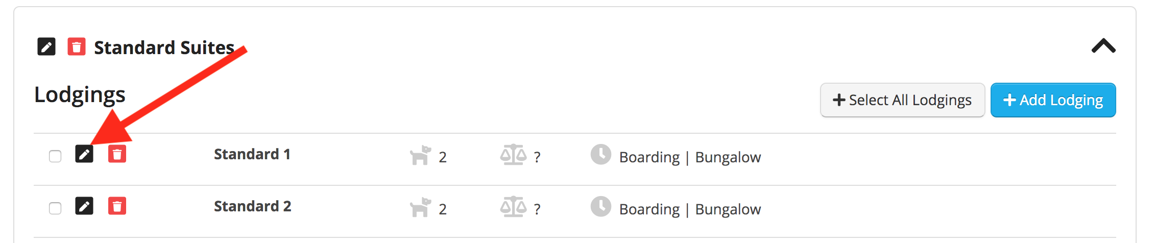 Interface showing lodging options and edit icons.