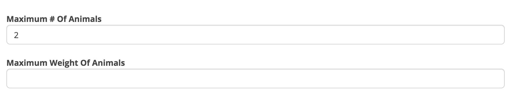 Form fields for animal number and weight
