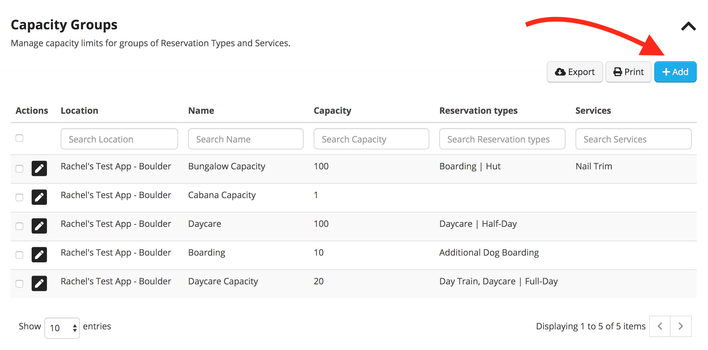 Capacity Groups management table interface.