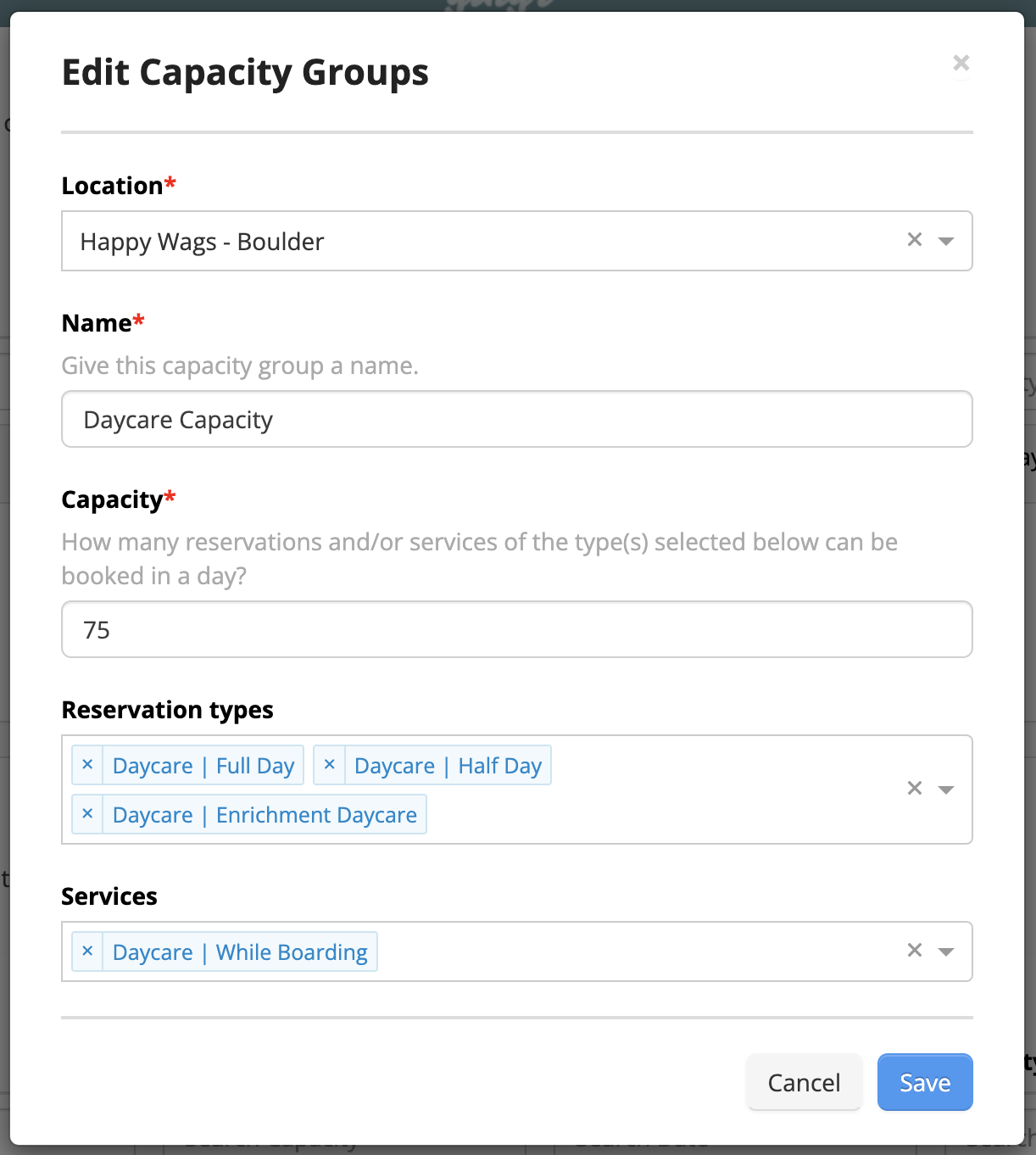 Edit Capacity Groups form interface