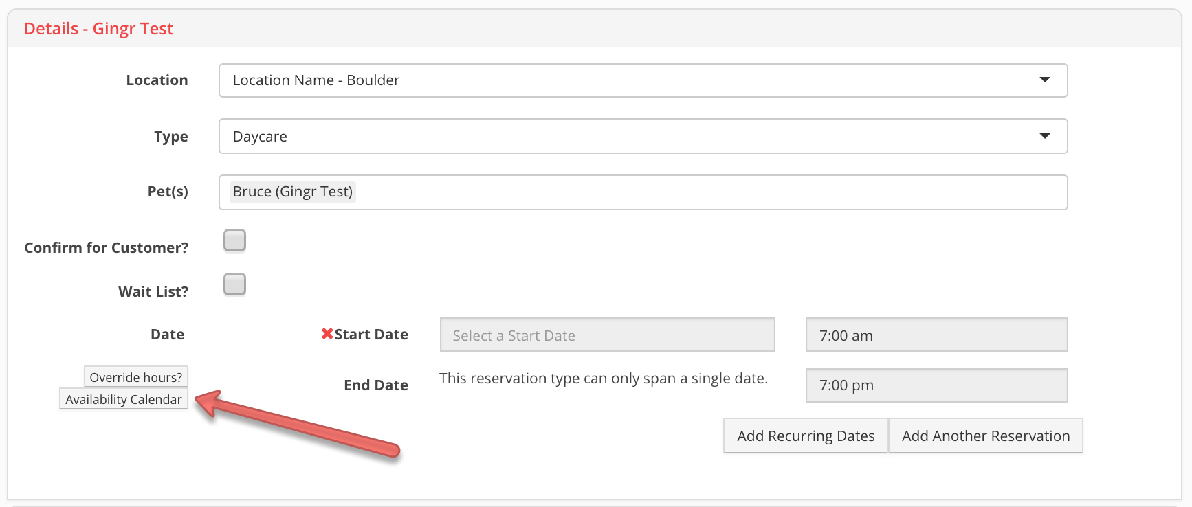Reservation form with date and time fields.