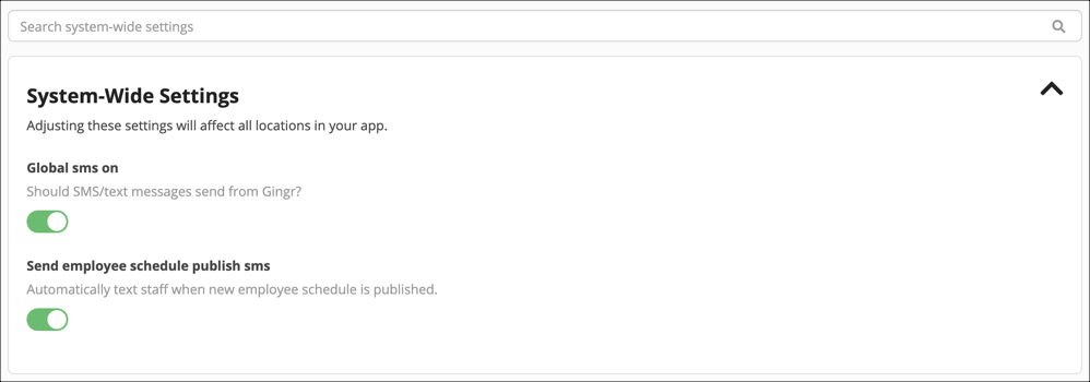 System-wide SMS settings toggled on