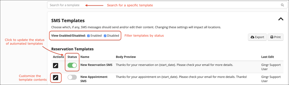 SMS template management interface.
