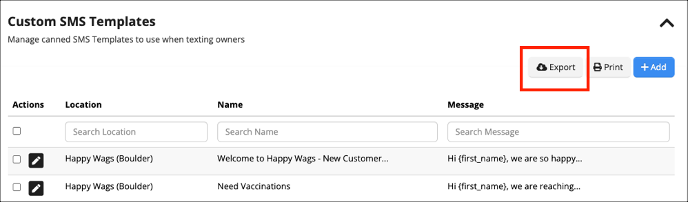 Custom SMS Templates interface with export option