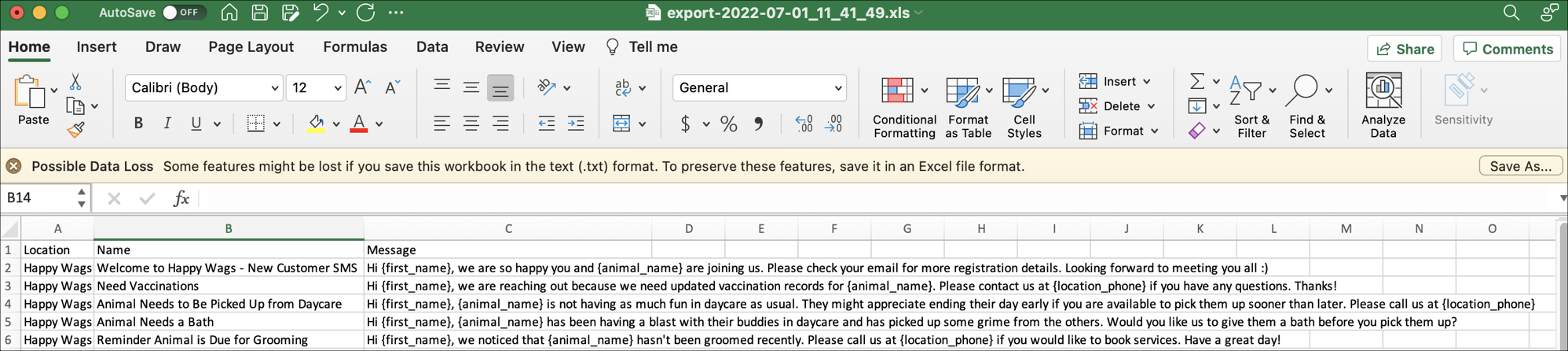 Excel spreadsheet with pet care messages.