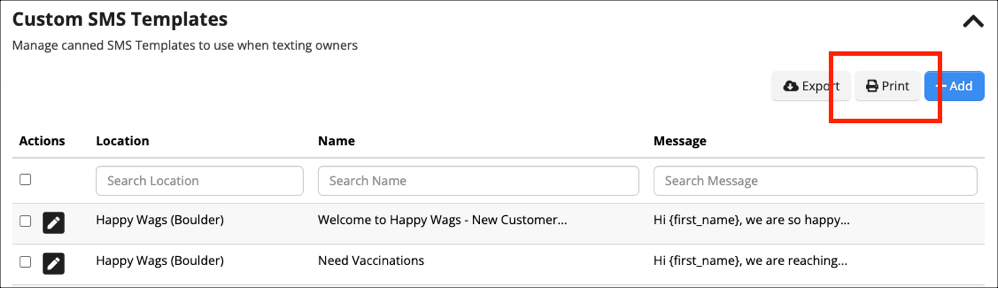 Custom SMS Templates interface screenshot
