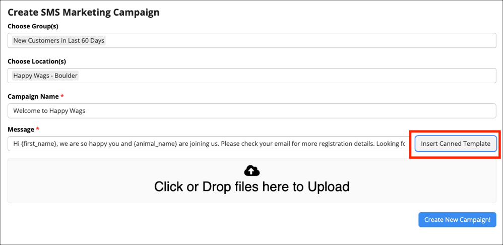 SMS marketing campaign creation form.
