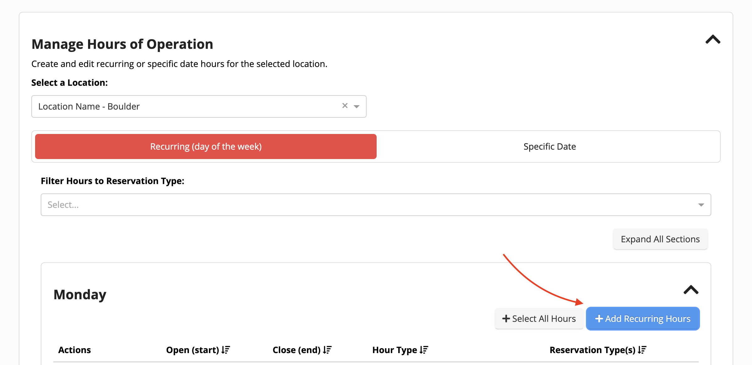 Manage Hours of Operation interface