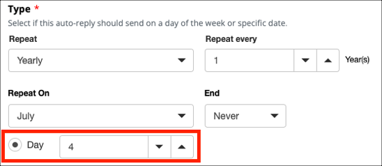 Auto-reply settings for July 4th annually.